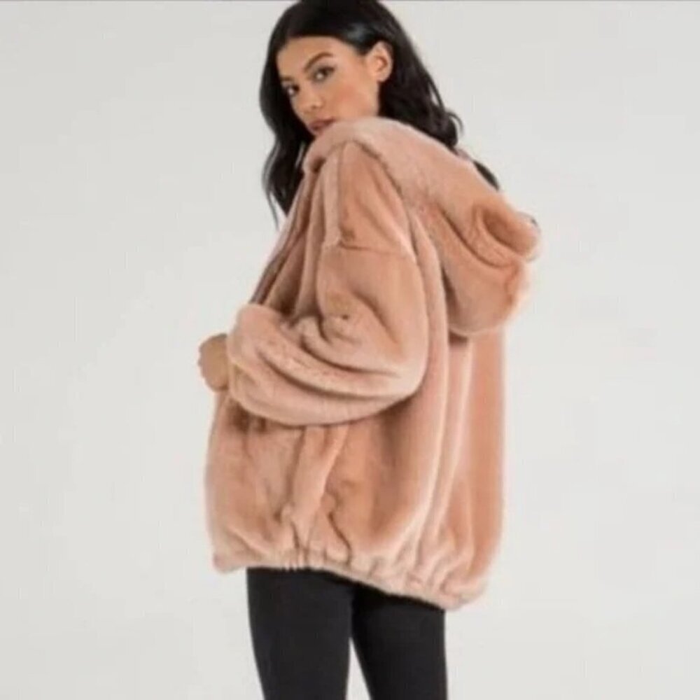N:Philanthropy Faux Fur Hooded Jacket in Blush Pale Pink Size Large Zip Front Co